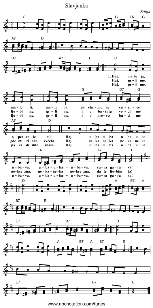 Slavjanka - staff notation
