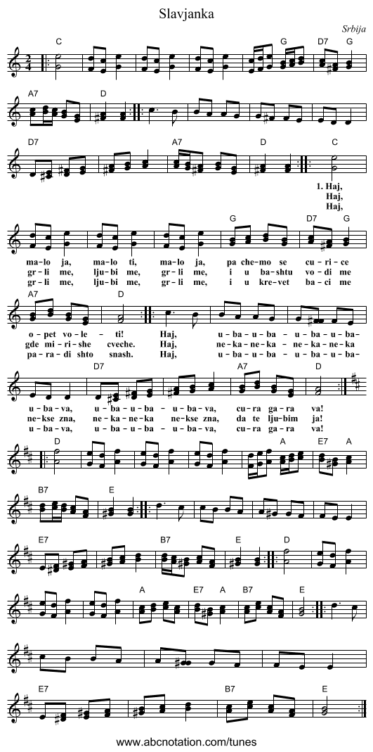 Slavjanka - staff notation