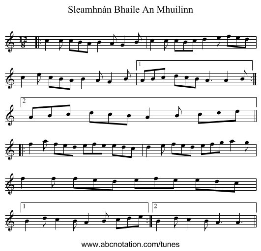 Sleamhnán Bhaile An Mhuilinn - staff notation
