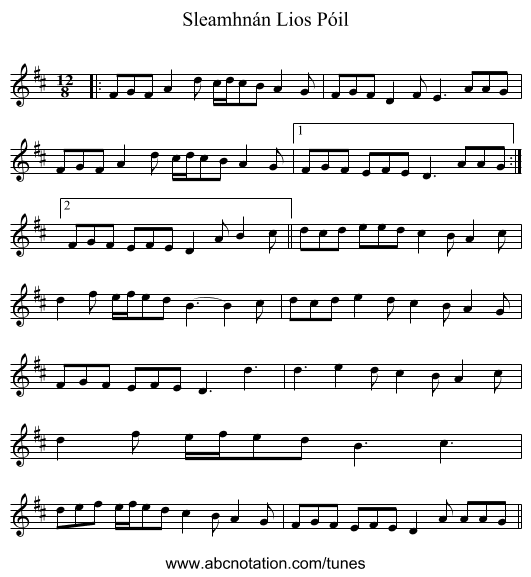 Sleamhnán Lios Póil - staff notation