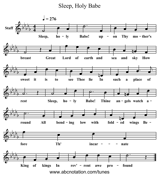 Sleep, Holy Babe - staff notation