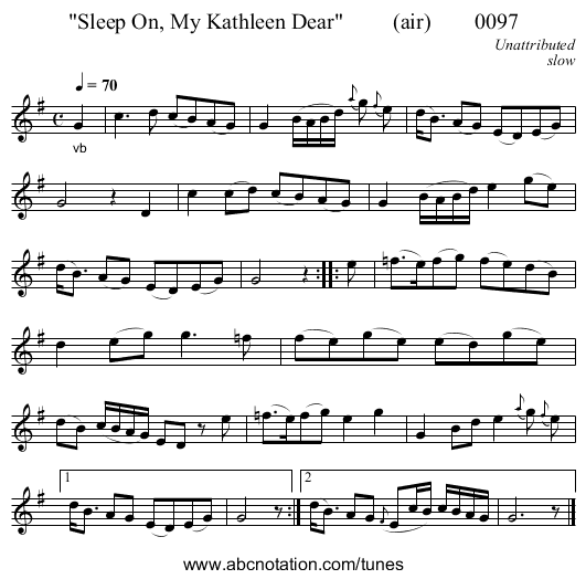 Sleep On, My Kathleen Dear         (air)        0097 - staff notation