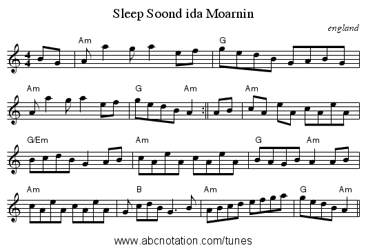 Sleep Soond ida Moarnin - staff notation