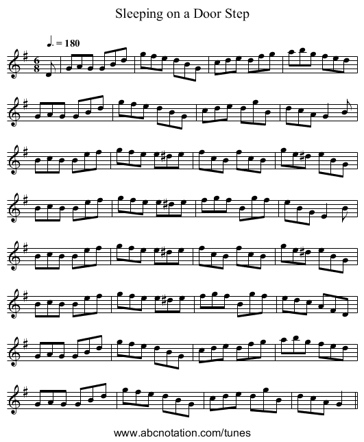 Sleeping on a Door Step - staff notation