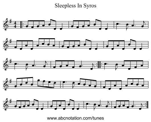 Sleepless In Syros - staff notation