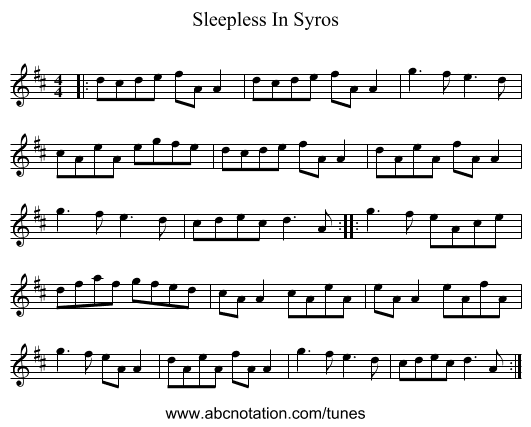 Sleepless In Syros - staff notation