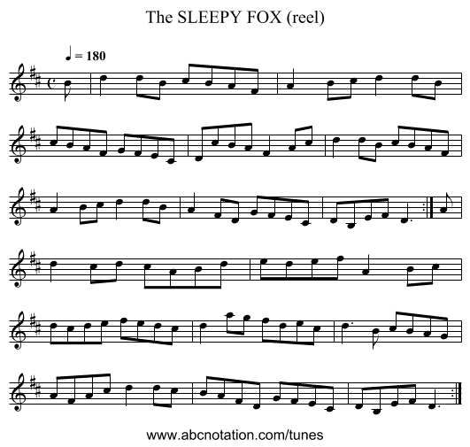 SLEEPY FOX (reel), The - staff notation