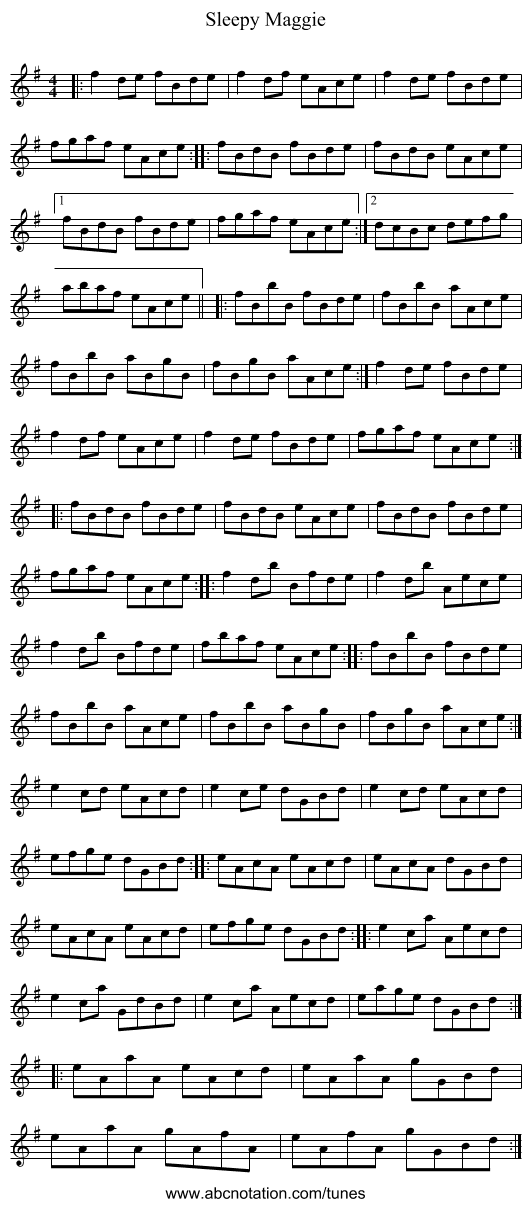 Sleepy Maggie - staff notation