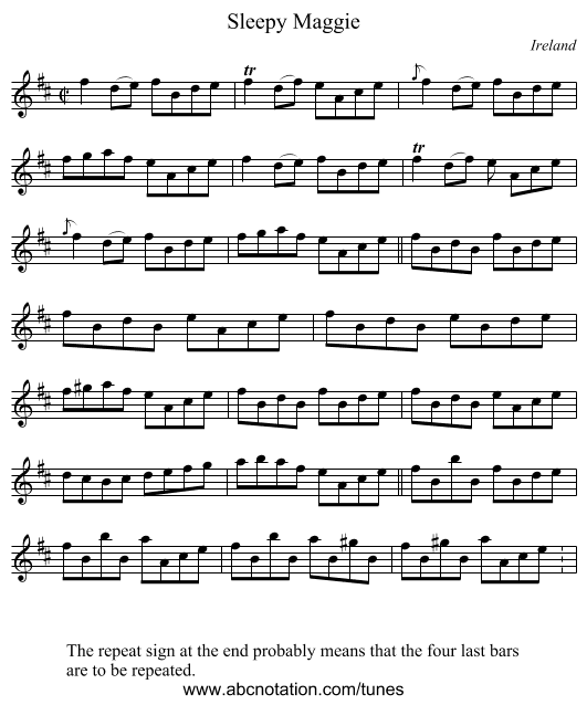 Sleepy Maggie - staff notation