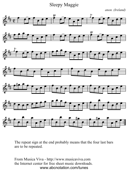 Sleepy Maggie - staff notation