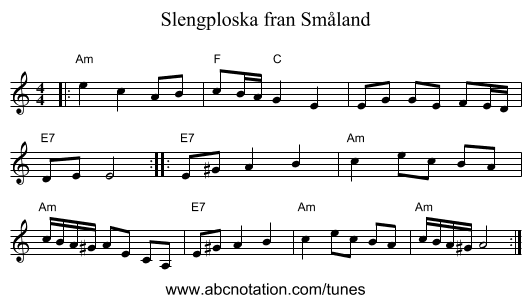 Slengploska fran Småland - staff notation