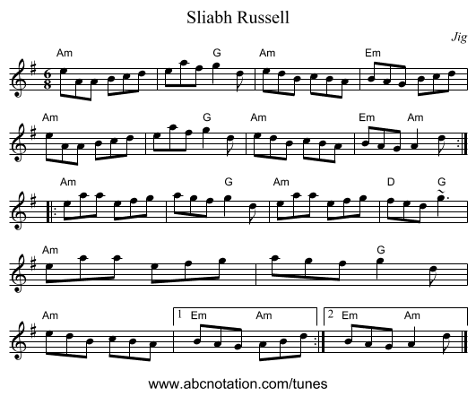 Sliabh Russell - staff notation