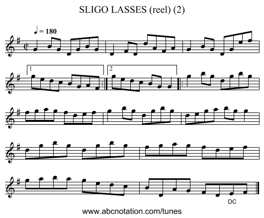 SLIGO LASSES (reel) (2) - staff notation