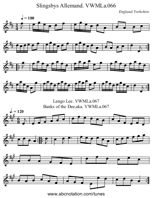 Slingsbys Allemand. VWMLa.066 - staff notation