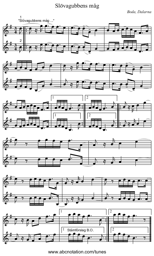 Slövagubbens måg - staff notation