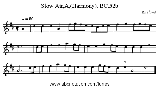 Slow Air,A,(Harmony). BC.52b - staff notation
