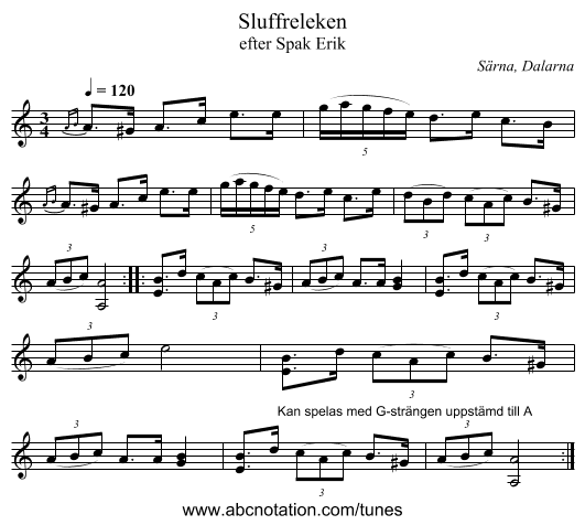 Sluffreleken - staff notation
