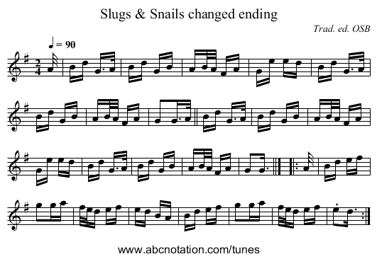 Slugs & Snails changed ending - staff notation
