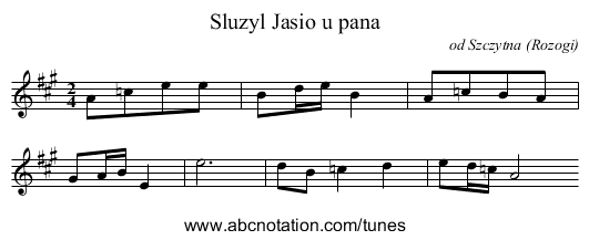 Sluzyl Jasio u pana - staff notation