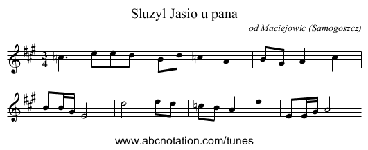 Sluzyl Jasio u pana - staff notation