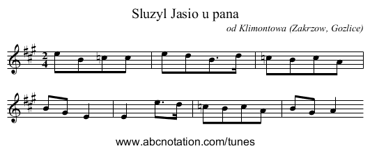 Sluzyl Jasio u pana - staff notation