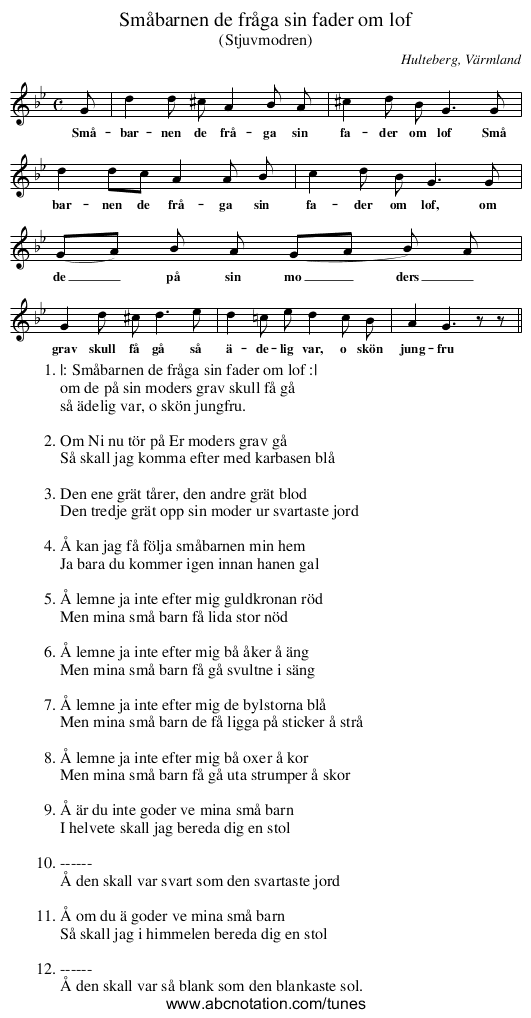 Småbarnen de fråga sin fader om lof - staff notation