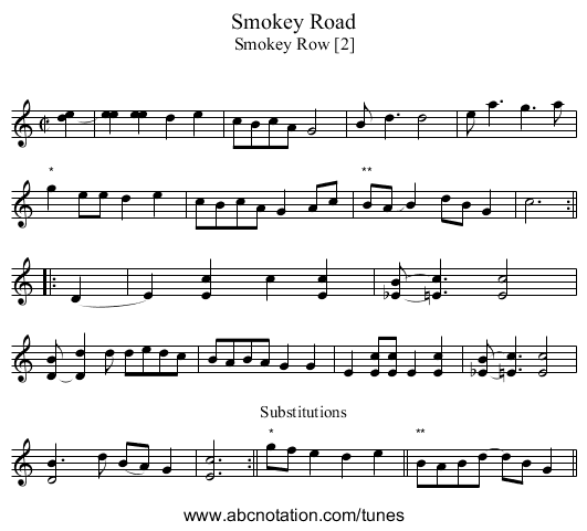 Smokey Road - staff notation
