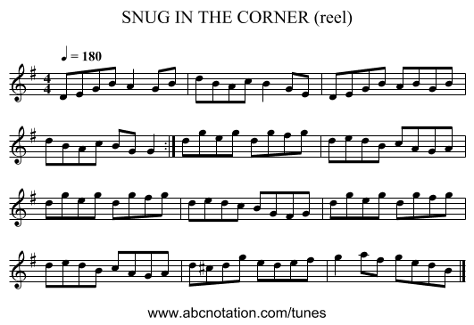 SNUG IN THE CORNER (reel) - staff notation