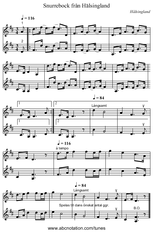 Snurrebock från Hälsingland - staff notation