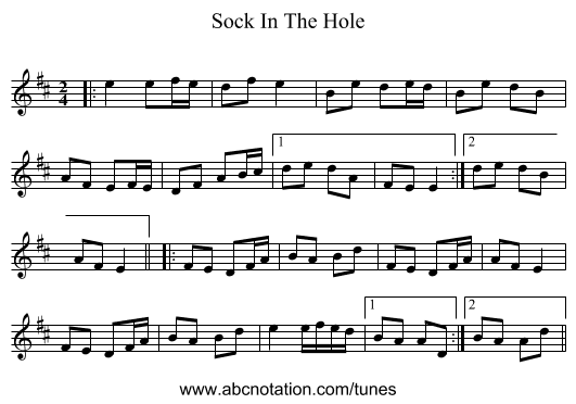 Sock In The Hole - staff notation