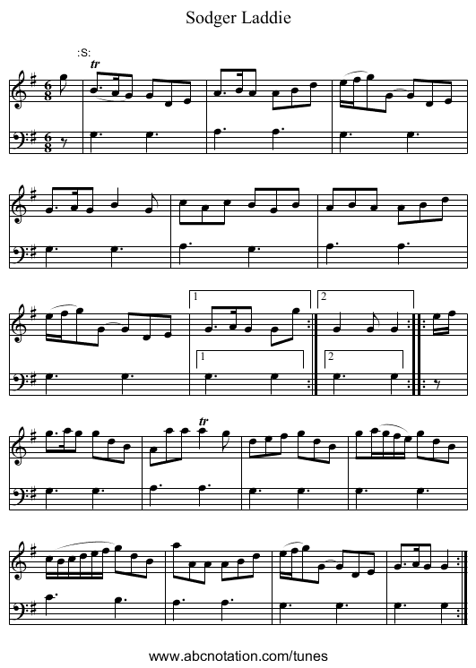 Sodger Laddie - staff notation