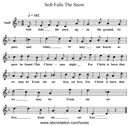 Soft Falls The Snow - staff notation