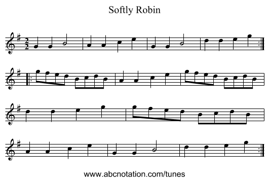 Softly Robin - staff notation