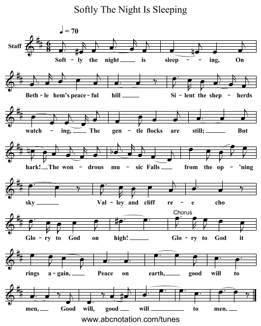 Softly The Night Is Sleeping - staff notation