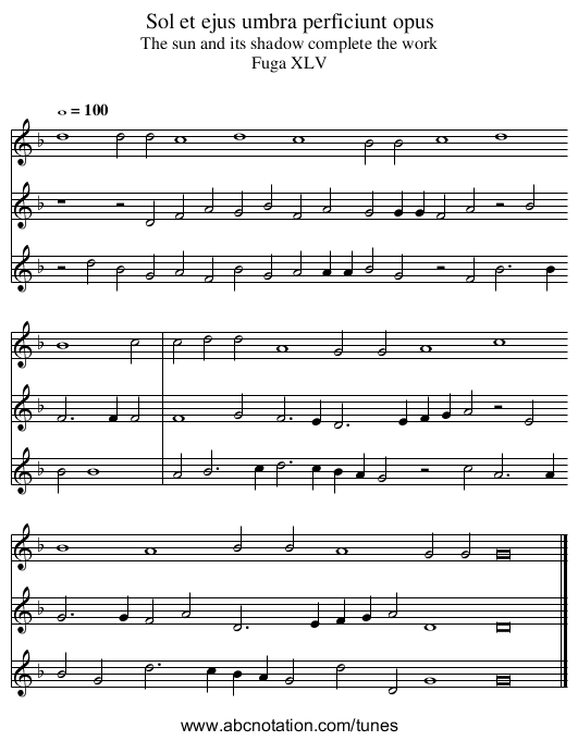 Sol et ejus umbra perficiunt opus - staff notation