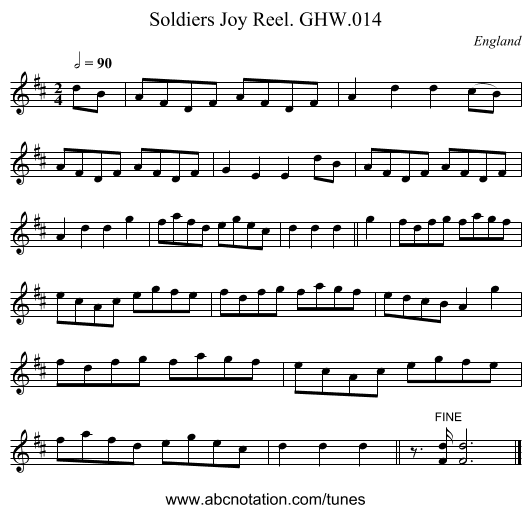 Soldiers Joy Reel. GHW.014 - staff notation