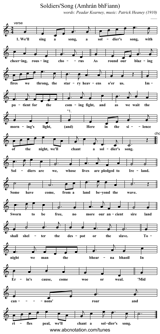 Soldiers'Song (Amhr&aacute;n bhFiann) - staff notation