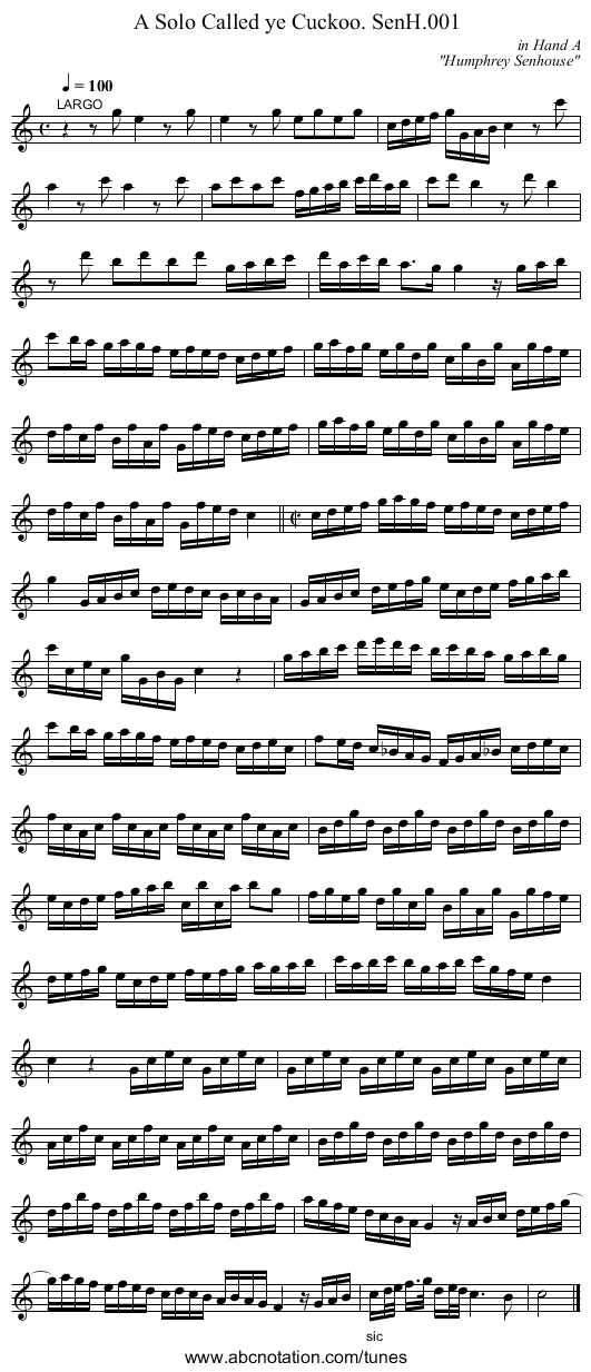 Solo Called ye Cuckoo. SenH.001, A - staff notation