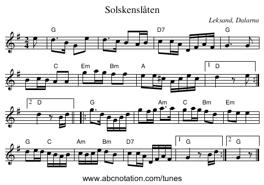 Solskenslåten - staff notation