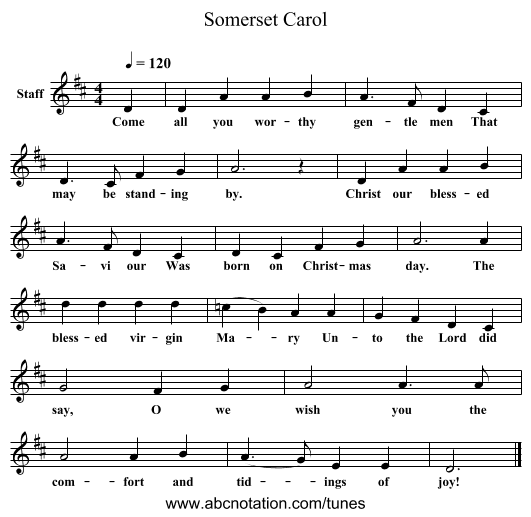 Somerset Carol - staff notation