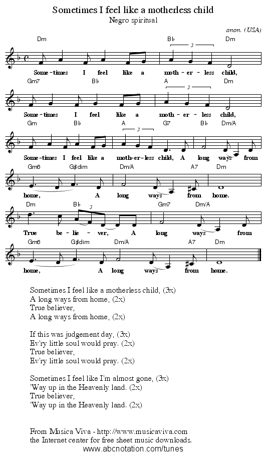 Sometimes I feel like a motherless child - staff notation