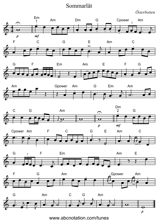 Sommarlåt - staff notation