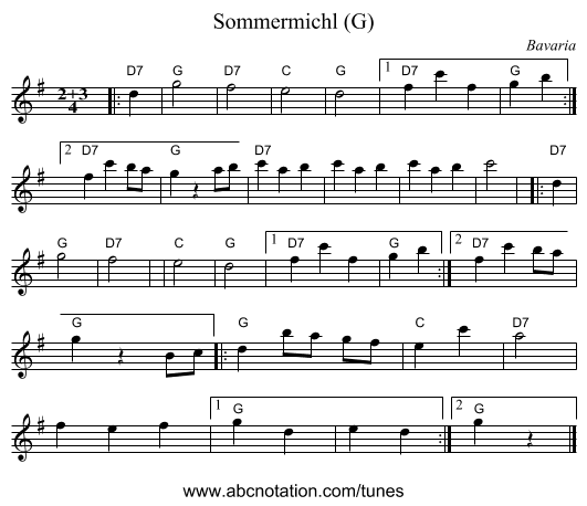 Sommermichl (G) - staff notation