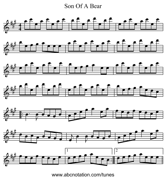 Son Of A Bear - staff notation