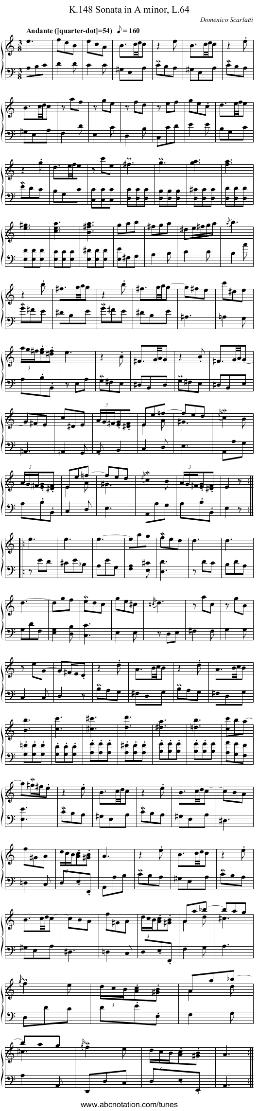 Sonata in A minor, L.64, K.148 - staff notation