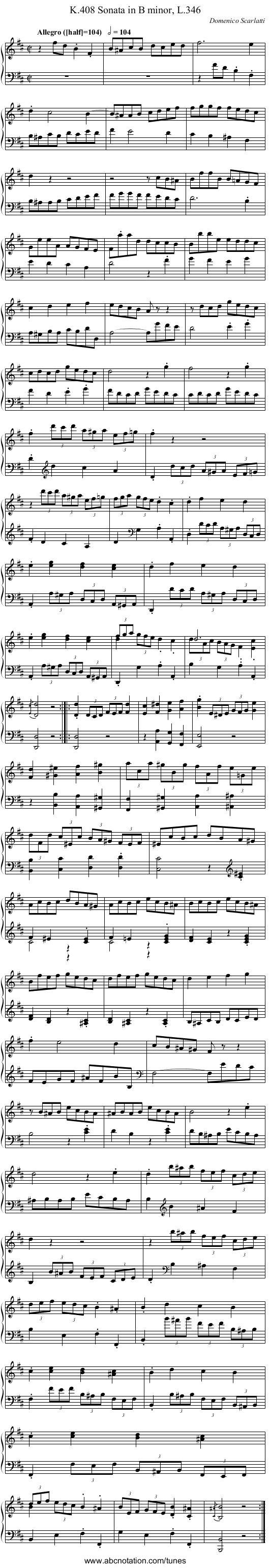 Sonata in B minor, L.346, K.408 - staff notation