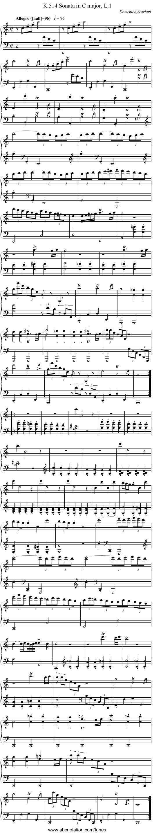 Sonata in C major, L.1, K.514 - staff notation
