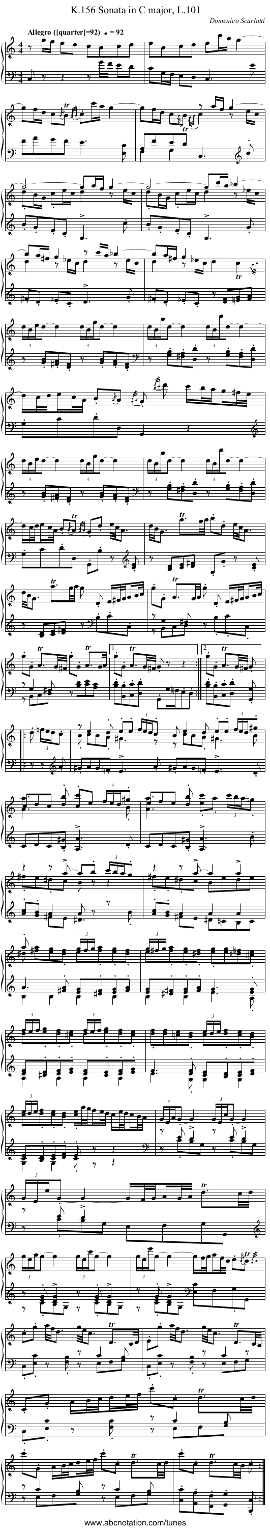 Sonata in C major, L.101, K.156 - staff notation