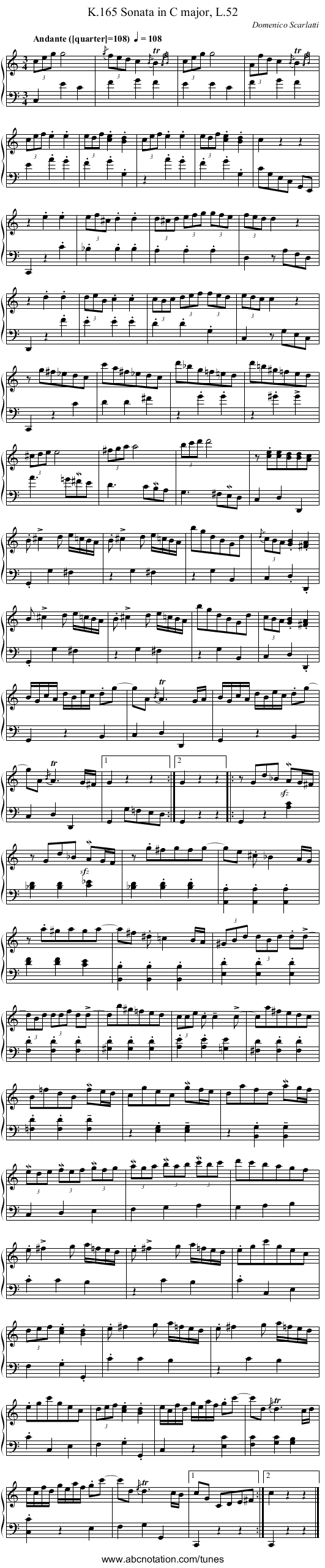 Sonata in C major, L.52, K.165 - staff notation