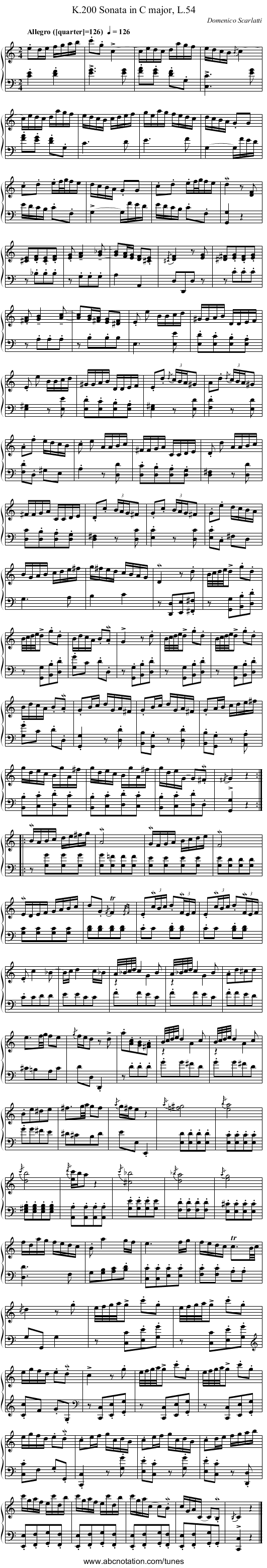 Sonata in C major, L.54, K.200 - staff notation